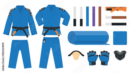 Brazilian jiu jitsu equipment and gear with gi, belts, and protective gear for martial arts training