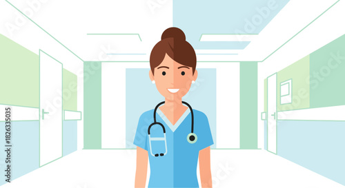 Cartoon illustration of a smiling female nurse in blue scrubs standing in a hospital hallway.