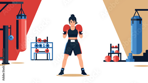 Female boxer in training at modern gym - fitness and boxing concept for poster or card design