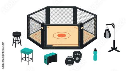 Mixed martial arts equipment and octagon cage design for training and fitness