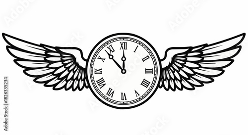 Winged Clock Illustration - Time Flies Concept with Roman Numerals.