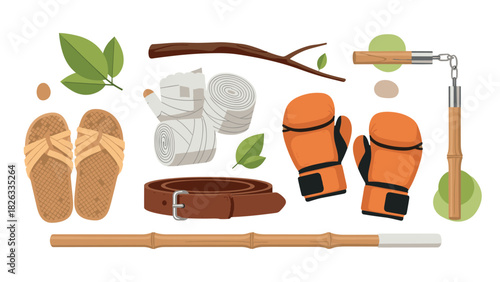 Martial arts equipment vector illustration with gloves, nunchaku, belt, and natural elements for design