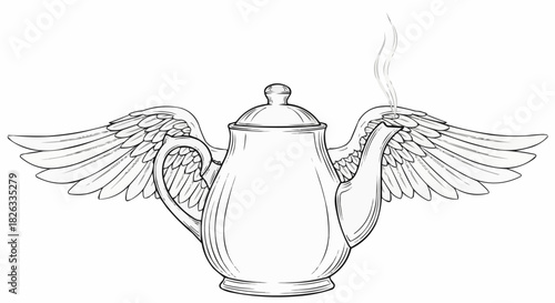 Flying Teapot with Wings and Steam Sketch Illustration.