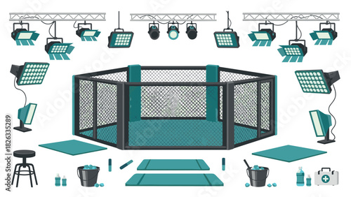 Mixed martial arts training arena with equipment suitable for fitness and combat sports design