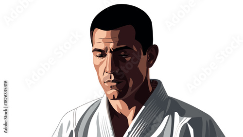 Martial arts illustration of a thoughtful karate practitioner in traditional attire