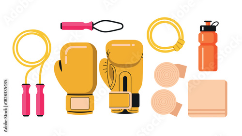 Boxing training essentials: gloves, rope, wraps, and bottle for fitness and exercise