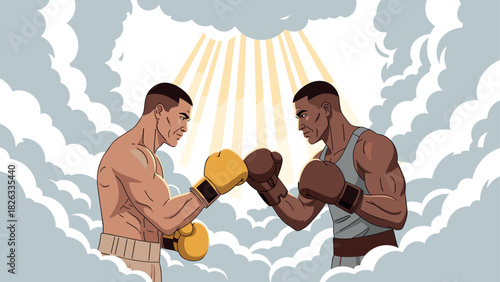Epic boxing match in the clouds with golden sunlight beams
