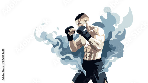 Dynamic mixed martial arts fighter in action with smoke effects for sports design