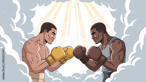 Epic boxing showdown amidst clouds illustration for sports event promotion