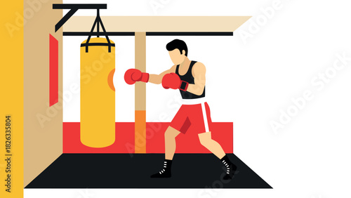 Boxer training with punching bag in gym for fitness enthusiasts and sports illustrations