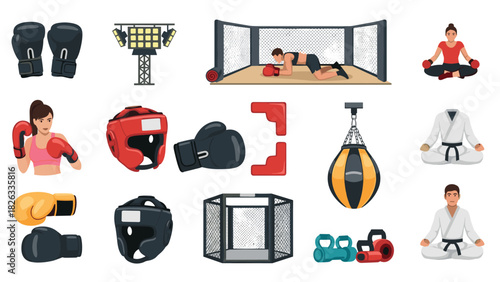 Boxing and martial arts equipment and training scenes for fitness and exercise design