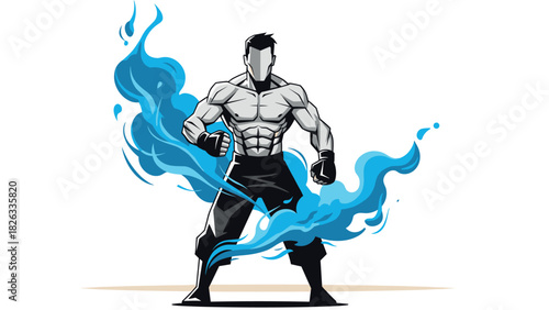 Dynamic martial artist with blue flames illustration for sports design