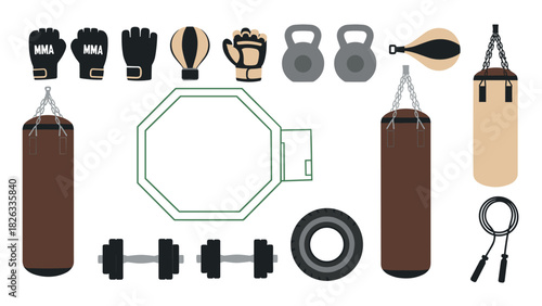Mixed martial arts training equipment set for gym design and fitness posters