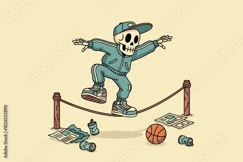 Skeleton character in athletic wear balancing on a tightrope.