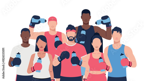 Group of diverse athletes holding water bottles in sportswear for fitness and hydration concept