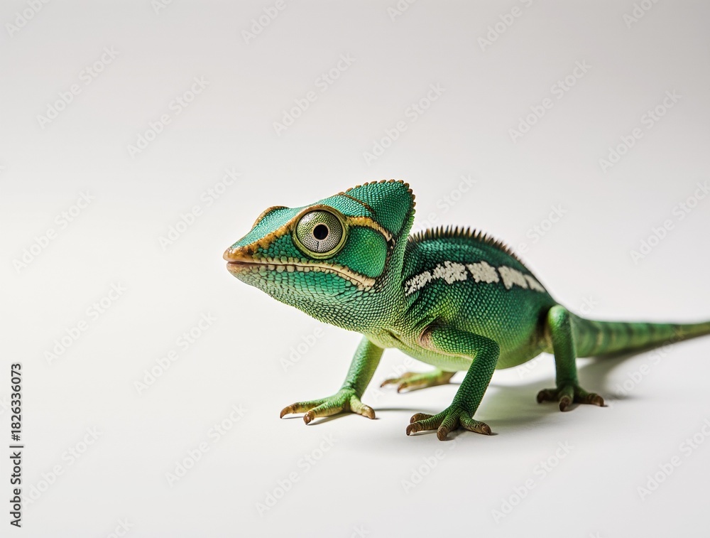 Fototapeta premium Curious Chameleon: A vibrant green chameleon, with distinctive eyes, poised elegantly against a simple, clean backdrop, showcasing its unique form.
