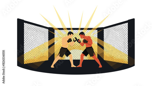 Mixed martial arts cage fight illustration with fighters ready for battle in the octagon ring