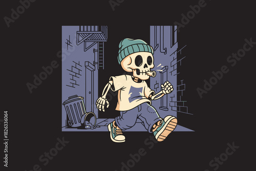 Cartoon skeleton character walking in a city street wearing casu