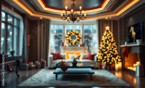 Blurred view of stylish christmas room interior christmas background christmas holiday background winter decoration celebration