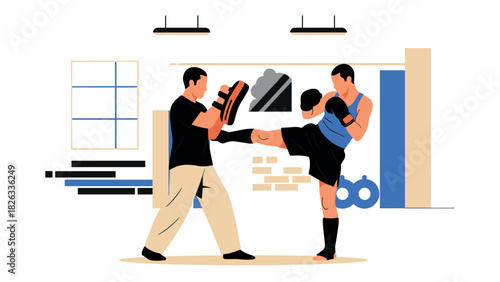Martial arts training session in a modern gym setting for fitness and self defense design
