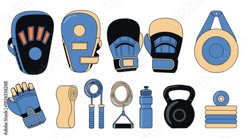 Boxing and fitness equipment collection: gloves, mitts, jump rope, and more for training and exercise design