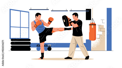 Martial arts training session with kickboxing pads in a modern gym setting