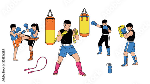 Martial arts training illustration with kickboxing and sparring scenes