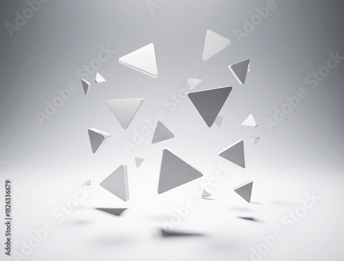 Abstract 3D rendering of multiple levitating white geometric triangles and shards floating in a clean, minimalist space with soft shadows
