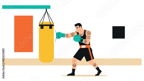 Boxer training with punching bag in minimalist gym setting for sports poster or fitness illustration