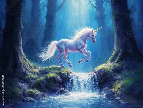 A majestic white unicorn with a glowing golden horn leaps over a cascading waterfall in an enchanted, sun-dappled blue forest of fantasy