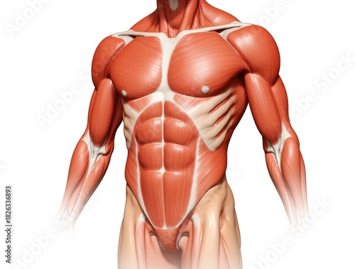 Detailed anatomical illustration of the male upper body muscular system, showcasing the intricate structure of the chest, abdominal, and arm muscles