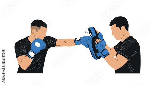 Boxing training session illustration of athletes practicing with focus mitts for fitness and mixed martial arts coaching
