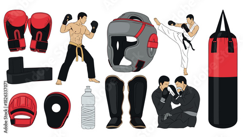 Martial arts training equipment and techniques illustration for fitness and sports enthusiasts
