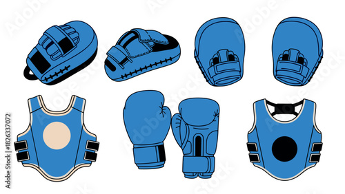 Boxing gear illustration with gloves, pads, and protective vests for sports design