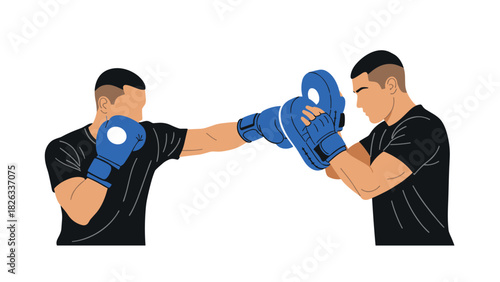 Boxing training illustration with two men sparring with focus mitts