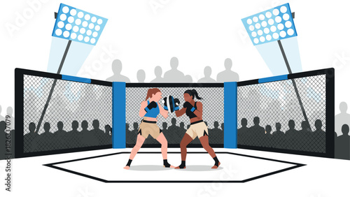 Exciting women's boxing match in arena with audience for sports design and event promotion