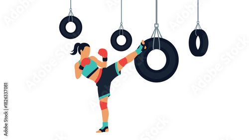 Female kickboxer practicing with hanging tires for fitness and strength training illustration
