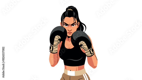 Female boxer in fighting stance illustration for sports and fitness design projects