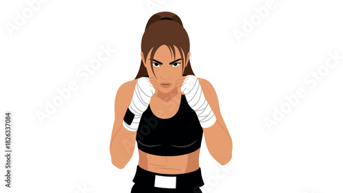 Determined female boxer in fighting stance illustration for sports design