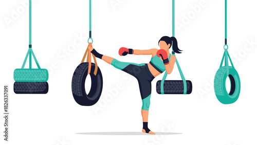 Woman practicing kickboxing with hanging tires in gym for fitness training and muscle strength
