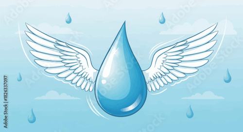 A single blue water drop with white feathered wings flying.