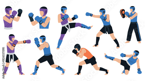 Martial arts training illustrations: diverse boxer characters in action for sports design