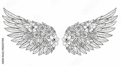 Detailed illustration of angel wings with floral embellishments in intricate line art.