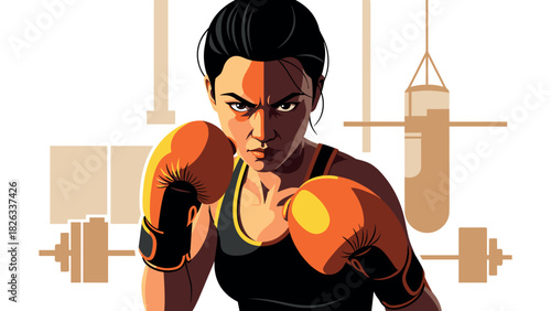 Determined female boxer in gym setting for fitness motivation and athletic design