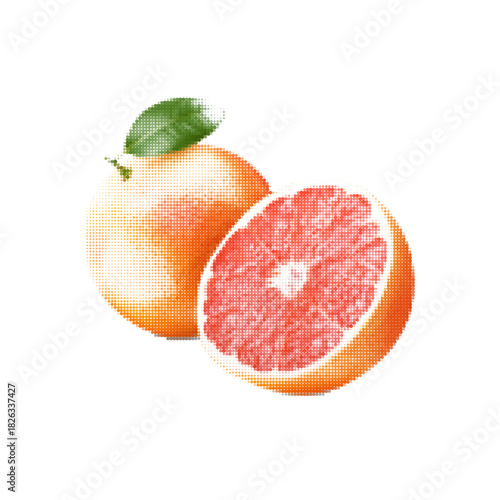 Halftone illustration of a grapefruit with one half sliced open, showing its pink juicy segments. Symbolizes citrus freshness, vitamins, tropical flavor, and vibrant energy.