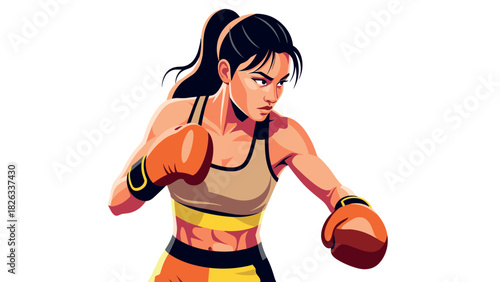 Female boxer in action pose ready for fight and training illustration