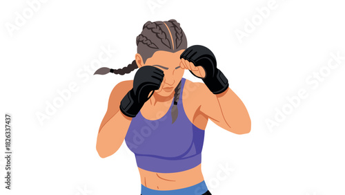 Female boxer in defensive stance with braided hair and boxing gloves for sports design