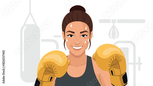 Determined female boxer smiling with boxing gloves in gym illustration for sports motivation