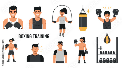 Boxing training illustrations for fitness and workout designs