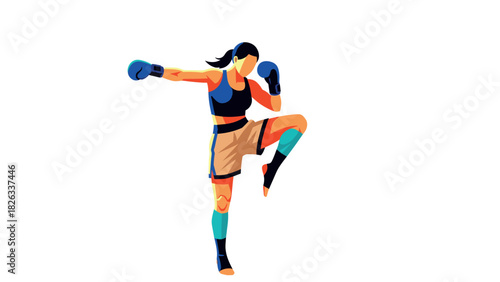 Female kickboxer in dynamic pose for sports training and fitness design
